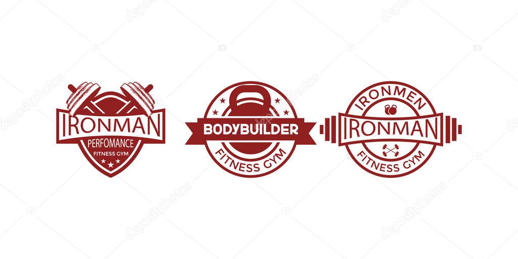 Three maroon fitness gym logos are displayed. They feature weights, a kettlebell, and the text Ironman, all set against a clean white background. Design elements. 150