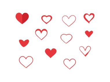 Çeşitli stillerde kırmızı kalpler dizisi, temiz beyaz bir zemine saçılmış, tasarım projelerinde sevgi ve sevgiyi ifade etmek için mükemmel.