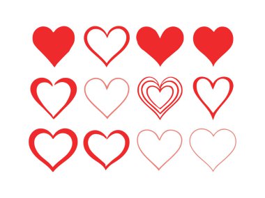 Kırmızı ve pembe renkli kupa koleksiyonu, beyaz arka planda düzenlenmiş. Aşk temalı tasarımlar, kartlar ya da romantik grafikler için mükemmel. Minimalist stil.