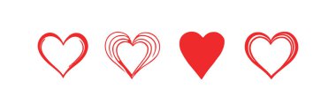 Resim, beyaz bir arkaplanda yatay olarak sıralanmış dört farklı şekilde kırmızı kalp çizimlerini gösteriyor. Basit ve temiz bir tasarım, sade ve izole.