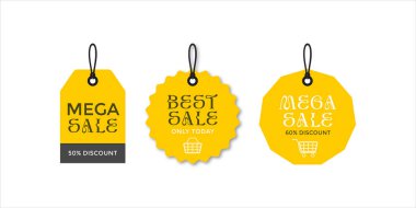 Değişik şekillerde ve indirimli üç sarı etiket. Mega satış ve en iyi satışı içeren metinler. Beyazda izole edilmiş. Pazarlama için mükemmel. 150
