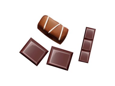 Beyaz arka planda çeşitli çikolata parçalarından oluşan bir stüdyo çekimi. Çikolatalı kareler ve çizgili bir çubuk da dahil. Lezzetli ve cezbedici bir ikram! İzole edilmiş resim.