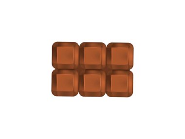 Dikdörtgen şeklinde dizilmiş altı kare kahverengi çikolata parçası. Beyaz bir arka planda izole edilmiş, tatlı ve lezzetli bir ikram..