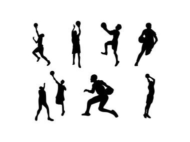 Spor ve tasarım projeleri için ideal, temiz beyaz bir arkaplan üzerine kurulmuş basketbol oyuncularını eylem halinde gösteren siluet çizimlerinden oluşan bir koleksiyon