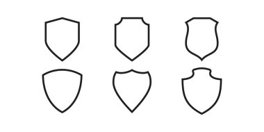 Beyaz zemin üzerinde altı adet minimalist kalkan ana hatları, logolar, simgeler veya tasarım elemanları için mükemmel. Basit ve temiz vektör grafikleri, markalaşma için ideal