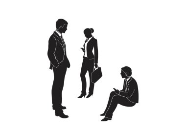 Silüet içindeki üç iş adamının minimalist görüntüsü. İkisi ayakta ve biri telefon kullanırken oturuyor. Arka plan temiz ve beyaz. 150 satır.