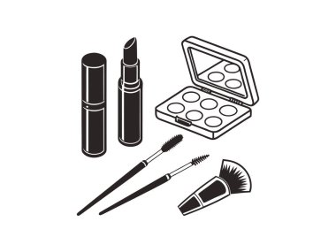 Ruj fırçaları ve güzellik ve kozmetik temalar için göz falı paleti de dahil olmak üzere makyaj malzemelerinin siyah ve beyaz çizimi