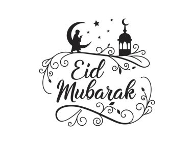 Hilal ay, yıldız, fener ve çiçek kıvrımlı bayram mübarek siyah ve beyaz bir vektör grafiği. Bu bir İslam bayramı kutlaması tasarımı.