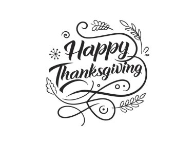 Şenlikli, mutlu bir şükran günü tasarımı. Klasik siyah-beyaz renk düzeninde zarif el yazısı ve dekoratif çiçek unsurları mevsimsel selamlaşmalar için..