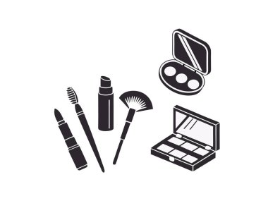 Bu, çeşitli makyaj malzemelerinin siyah beyaz çizimi. İçinde fırçalar, ruj ve göz falı paletleri var. Hepsi beyaz arka planda..