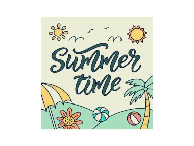 Metin, güneş, kuşlar, plaj topu, çiçek, palmiye ağacı ve şemsiyeli renkli bir yaz illüstrasyonu. Tatil ve tatil teması için mükemmel. Vektör tasarımı.