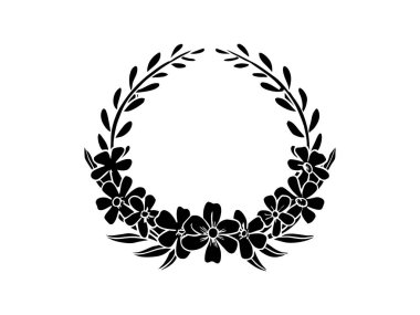 Siyah bir çiçek çelengi, vektör illüstrasyonu, beyaz arkaplanda dairesel bir dizayn ile sıralanmış yapraklar ve çiçekler. Dekoratif ve zarif bir sanat..