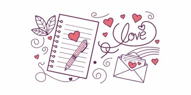 İçinde kalpler, bir kalem ve kağıt olan bir aşk mektubu olan büyüleyici bir resim. Tasarım sevimli ve romantik. Duygularını ifade etmek için mükemmel..