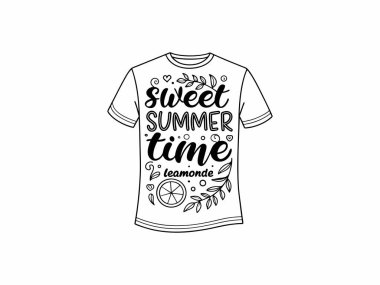 Siyah bir tasarım içeren beyaz bir tişört tatlı yaz zamanı ve leamonde kelimelerini içeren, limon ve yapraklarla resimlendirilmiş, vektör grafik sanatı
