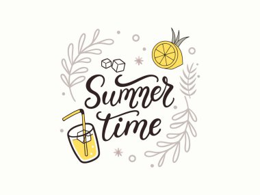 Limon, içecek ve buz ile yaz zamanı çizimi. Yaz temalı tasarımlar, kartlar, posterler ve daha fazlası için mükemmel. Taze ve canlı tasarım..