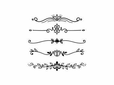 Beyaz arka planda çiçekli ve girdaplı beş tane minimal siyah dekoratif bölme, herhangi bir tasarım projesine zarif bir dokunuş eklemek için mükemmel.