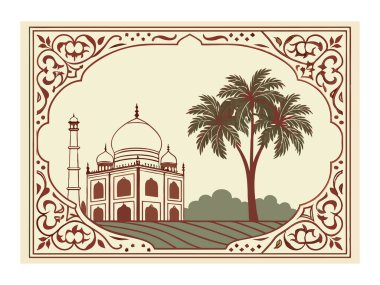 Tac Mahal ve palmiye ağaçlarının yer aldığı dekoratif bir illüstrasyon. Süslü bir sınırda, bir krema zemininde. bir klasik seyahat posteri tasarımı.