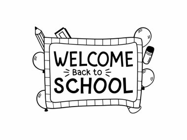 Okul tabelasına balonlarla, kalemle, silgiyle ve siyah beyaz çizgilerle neşeli bir hoş geldin. Eğitici tasarımlar için mükemmel..