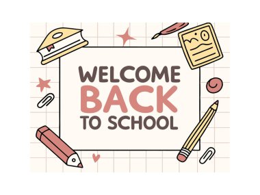 Kırtasiyeli okul tasarımına neşeli bir hoş geldin. Eğitim içeriği, posterler ve sosyal medya paylaşımları için mükemmel. Sevimli ve renkli.!