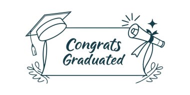 Bu resim mezuniyet şapkası ve diploma illüstrasyonuyla mezun olmuş tebrik mesajlarını gösteriyor. Mezuniyeti beyaz bir arkaplanda kutlamak için mükemmel..