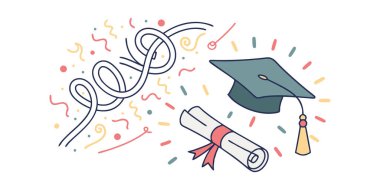 Bir kep, diploma, kurdele ve konfeti içeren bir kutlama mezuniyet illüstrasyonu temiz beyaz zemin üzerinde, akademik başarılar için mükemmel.