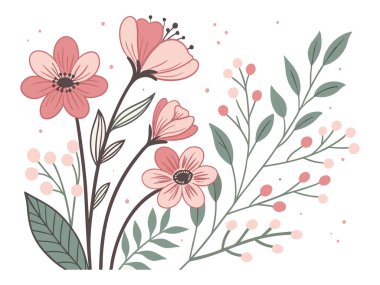 Zarif pembe çiçekler, böğürtlenler ve yeşil yapraklar içeren büyüleyici bir illüstrasyon. Temiz beyaz bir zemin üzerinde, doğaya bir dokunuş eklemek için mükemmel..