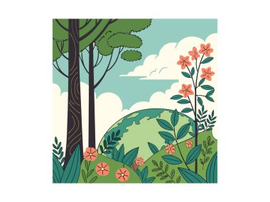 Bulutlu bir gökyüzü altında kare biçiminde ağaçlar, çiçekler ve toprak içeren bir çizgi film tasviri. Sanat eserleri doğa ve sükuneti çağrıştırıyor..