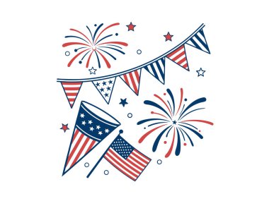 Amerikan bayrakları, havai fişekleri ve kırmızı, beyaz ve mavi renklerle gösterilen vatansever illüstrasyon, bayramları ve ulusal olayları kutlamak için mükemmel.