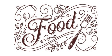 Yemek, çatal, böğürtlen, yaprak ve kıvrımları içeren dekoratif bir besin tasarımı. Hepsi kahverengi bir tasarım. Zarif ve stil sahibi sanat eserleri..