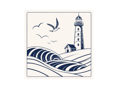 Dalgalı denizin üzerinde süzülen kuşların olduğu küçük bir evin yanında uzun bir deniz fenerinin durduğu sakin bir illüstrasyon. Huzurlu bir sahil manzarası tasvir edilmiştir..