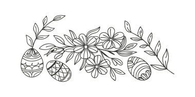 Paskalya yumurtaları ve çiçeklerin beyaz bir zemine çizilmiş siyah bir taslak. Bahar tasarımları, tatil kartları ve projeler için dekoratif öğeler için mükemmel..