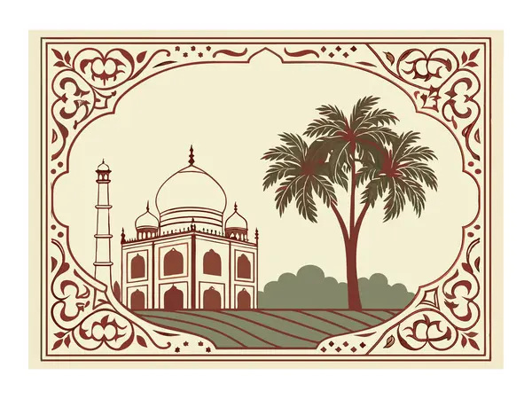Tac Mahal ve palmiye ağaçlarının yer aldığı dekoratif bir illüstrasyon. Süslü bir sınırda, bir krema zemininde. bir klasik seyahat posteri tasarımı.