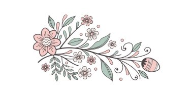 Pembe çiçekler, yapraklar ve temiz beyaz bir arkaplan üzerine kurulmuş dekoratif bir yumurtanın yer aldığı narin bir çiçek çizimi. Güzel bir tasarım sanat eseri.