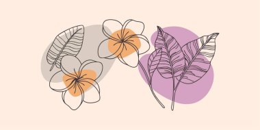 Çiçeklerin ve yaprakların soyut şekillerde olduğu minimalist bir illüstrasyon, yumuşak bej bir arkaplan üzerine kurulmuş, modaya uygun ve zarif bir estetik görünüm yaratıyor