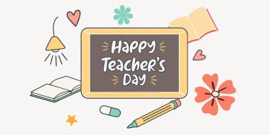 Öğretmenler gününü kutlayan büyüleyici bir illüstrasyon, temiz beyaz arka plan tasarımı üzerinde bir karatahta, kitaplarda, kalemlerde ve diğer okullarla ilgili unsurların yer aldığı.