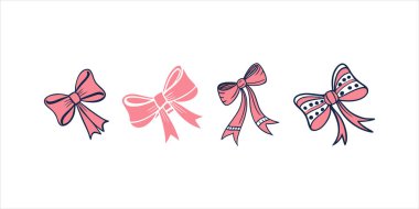 Her biri eşsiz bir tasarıma sahip dört büyüleyici pembe fiyonk, yatay bir düzlemde beyaz bir arka plana karşı ayarlanmış hoş bir illüstrasyon..