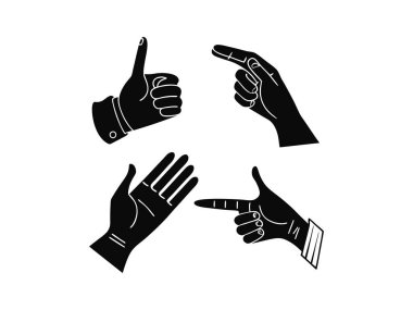 Bu, işaret etmek, baş parmaklar yukarı ve açık avuç içi gibi çeşitli jestlerde bulunan, beyaz bir arka planda izole edilmiş siyah beyaz bir illüstrasyondur..
