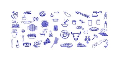 Yiyecek ve içecek ikonlarından oluşan siluet vektör logosu. Aperatifler, Japon mutfağı, abur cuburlar ve ticari ya da bilgi markası kullanımı için malzeme tasarımları içeriyor.
