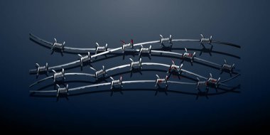 Sivri metal çiviler ve görünür kan lekeleri olan dikenli tellerin gerçekçi 3D çizimi, tehlikeyi, kısıtlamayı, şiddeti ve dramatik tasarımın sınırlarını simgeliyor.