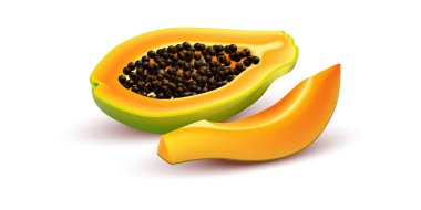 Olgun papaya meyvesinin gerçekçi bir temsili. Tohumlu ve sulu portakal özlü. Beyaz zemin üzerinde izole edilmiş.