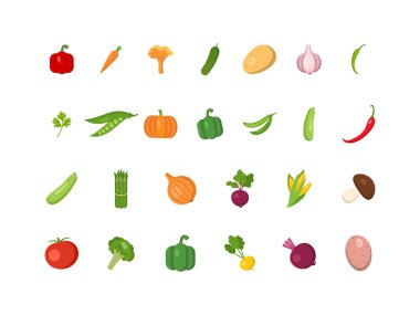 Sağlıklı gıda elementleri, organik tarım, market, vejetaryen yaşam tarzı ve doğal yeme içeren renkli sebze ve meyve vektör resimleme ikonu koleksiyonu