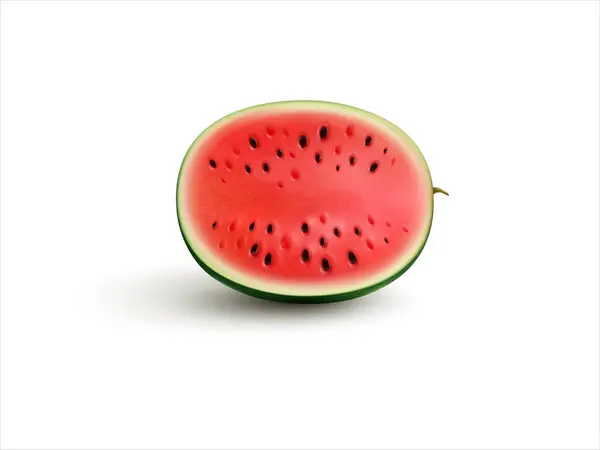 Gerçekçi 3D, sulu bir karpuz diliminin vektör çizimi. Tohumları ve canlı kırmızı posası temiz beyaz arka planda izole edilmiş. Yaz yemeği tasarımları için mükemmel.