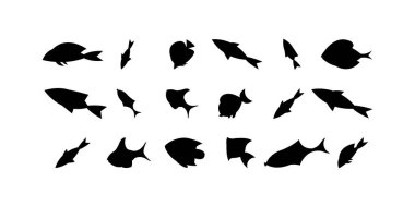 Beyaz arka planda, deniz ürünleri sembolü ve aşçılık veya deniz teması için su ürünleri kavramları da dahil olmak üzere birden fazla balık ikonu vektör çizimleri