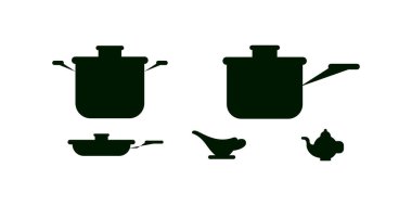 Mutfak aletlerinin vektör demeti ve Clipart siluetleri, aşçılık, pişirme, aşçılık, aşçılık ekipmanları, mutfak aletleri ve yemek hazırlama tasarımı için düz vektör simgeleri de dahil olmak üzere pişirme araçları.