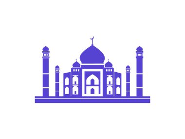 Beyaz arkaplanda izole edilmiş siyah vektör tarzında karmaşık kubbe ve minarelerle Taj Mahal mimari anıtının görkemli silueti