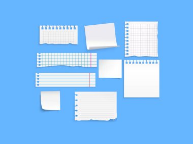 Yırtık kağıt karikatür çizim seti yırtık kenarlı defter kağıtları ofis veya okul vektör tasarımı için boş not kağıdı kırıntıları
