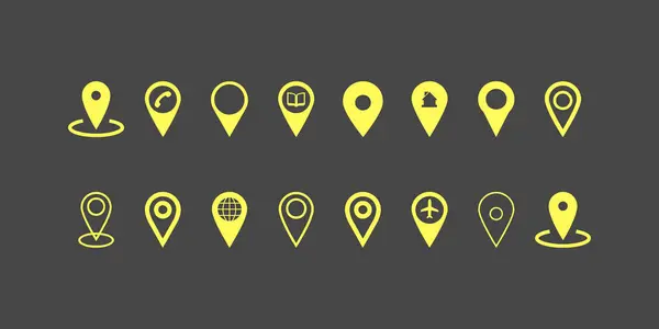Dijital haritalar, GPS uygulamaları ve seyahat arayüzleri için dizayn edilmiş nokta sembolleri, yer işaretleyicileri ve yön bulma işaretleri içeren modern konum haritası simgesi seti