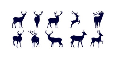 Geyiklerin siyah siluet simgeleri markalaşma, vahşi yaşam temaları, doğa çizimleri ve hayvan temalı tasarım projeleri için ideal minimalist logo tarzını sergiliyor.