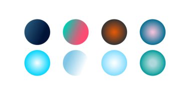 Canlı yuvarlak düğme biçimi elementleri ve vektör biçiminde renkli soyut tasarım küreleri içeren çok renkli sıvı gradyan dairelerin canlı bir koleksiyonu