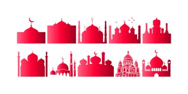 Fenerler, camiler, dualar, hilal ay ve kültürel temalar için kutsal kitap da dahil olmak üzere Ramazan için İslam unsurlarını temsil eden siluet simgeleri seti